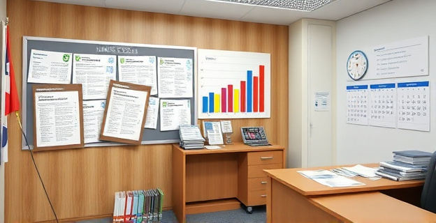 Una oficina ministerial vacía con documentos desordenados sobre permisos laborales y medidas económicas en un tablón de anuncios, con gráficos de barras mostrando cifras en euros y un calendario de fechas importantes en el fondo.
