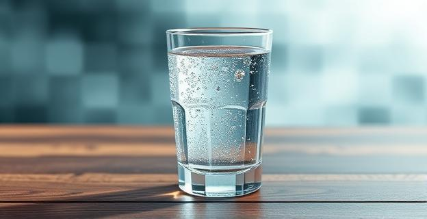 Un vaso de agua cristalina con gotas de condensación en una mesa de madera, con una ligera niebla al fondo