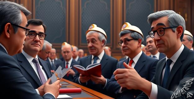 Imagen de ministros en el Senado con semblantes serios y documentos en mano, mientras un bombero al fondo observa con gesto de desánimo.