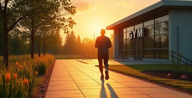 Imagen de una persona caminando al amanecer en un entorno natural, con un gimnasio al fondo y elementos que representan una alimentación saludable como frutas y verduras