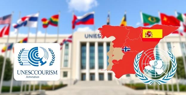 Edificio de la sede de la ONU con banderas de diferentes países ondeando. Al fondo, un mapa de España destacando Cataluña y País Vasco. En primer plano, un escudo de la Unesco y otro de ONU Turismo