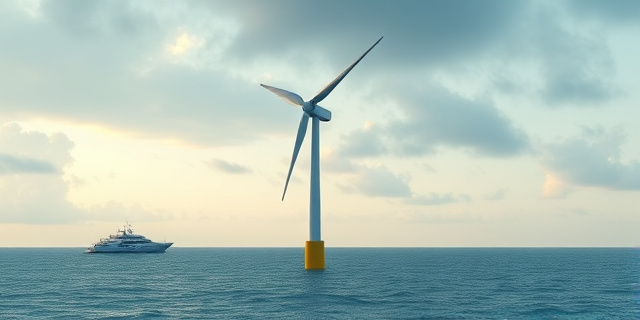 Una imagen de una turbina eólica en el mar, con un barco en el fondo y un cielo nublado.