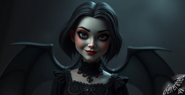 Una imagen de Merlina Addams con un fondo oscuro y misterioso, con un estilo gótico y una sonrisa enigmática.