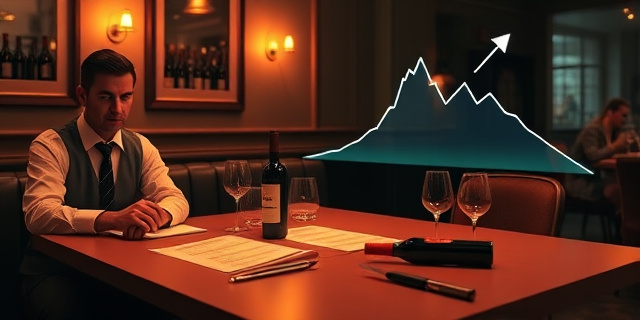 
  Una mesa de restaurante elegante pero con detalles de uso intenso: cartas de vinos con precios resaltados en amarillo neón, un camarero con expresión neutral observando a un comensal señalando la segunda opción de una lista. Al fondo, un gráfico de barras con curvas de sobreprecio (la del medio es una montaña, las extremas, valles). Iluminación cálida pero con un tono irónico, como si la escena fuera un cuadro de Magritte con etiquetas de vino flotando. Estilo surrealismo cotidiano, colores terrosos y toques de humor visual (ej: un vino derramado formando un gráfico de tendencias).