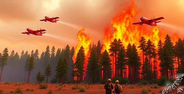 Imagen de un paisaje forestal en llamas con bomberos trabajando en el suelo y aviones hidrantes sobrevolando la zona