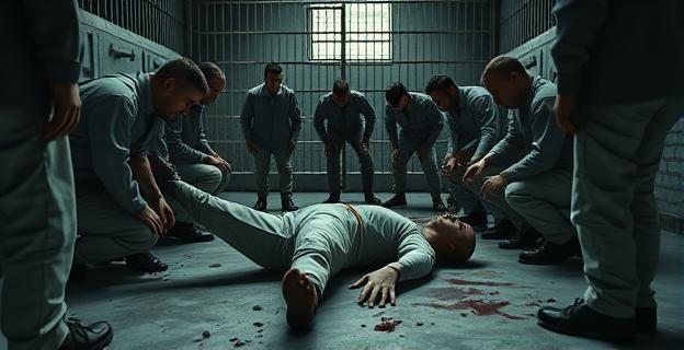 Una escena de una cárcel con varios presos alrededor de uno tendido en el suelo, con signos de violencia y sangre, en un ambiente tenso y sombrío.