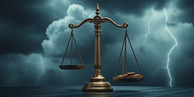 Una balanza de la justicia inclinada dramáticamente hacia un lado, con monedas cayendo por el lado opuesto. Fondo oscuro y tormentoso, con un cielo nublado y relámpagos. Estilo pictórico realista, con texturas gruesas y colores sombríos. La balanza debe ser el elemento central de la imagen.