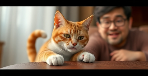 Un gato araña un mueble con sus garras afiladas, mientras su dueño observa con una mezcla de sorpresa y frustración