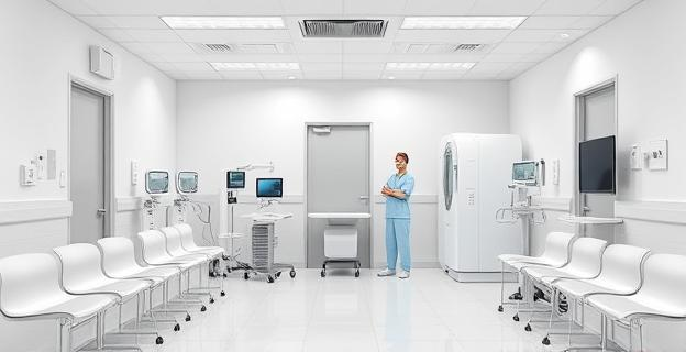 Sala de espera de una clínica de mamografías con equipo médico moderno y personal sanitario preparando el equipo para realizar pruebas de detección de cáncer de mama.