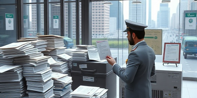 Un edificio gubernamental con filas de papeles desordenados, contenedores cerrados y etiquetas de seguridad. Una cinta de basura cruje al ser cerrada, y un técnico con un uniforme gris revisa los certificados de destrucción. El fondo muestra una ciudad con rascacielos y calles transitadas, sin rostros humanos.