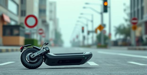 Imagen de un patinete eléctrico tirado en el suelo con una calle urbana de fondo y señales de tráfico