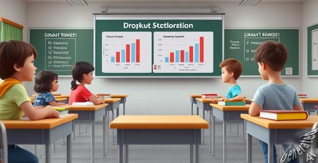 Aula vacía con libros y pizarras, niños y jóvenes mirando al profesor con caras de desinterés, fondo con gráficas de estadísticas de abandono escolar.