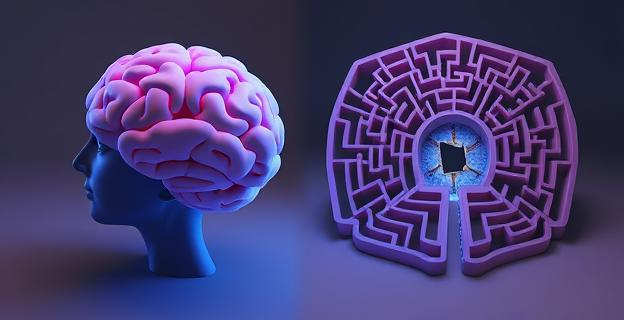 Un cerebro estilizado, con regiones específicas iluminadas en tonos fríos para representar la falta de actividad en áreas de miedo y empatía. A un lado, un camino sinuoso y solitario, al otro, un laberinto de conexiones interpersonales complejas y superficiales, con un pequeño espejo roto en el centro.