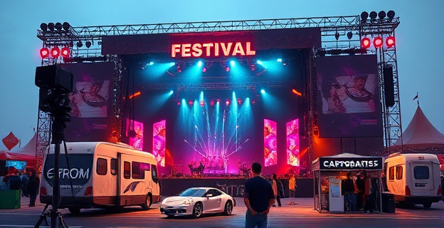Imagen de un escenario de festival de música con cámaras y equipo técnico de grabación, autocares aparcados en las cercanías y merchandising corporativo en un stand de venta