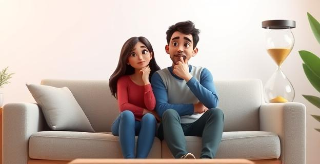 Una pareja sentada en un sofá, con expresiones pensativas, mirando hacia diferentes direcciones, simbolizando la espera y la incertidumbre en una relación. Al fondo, un reloj de arena representa el paso del tiempo.