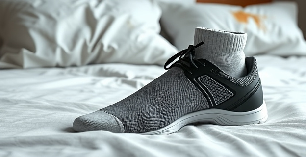 Imagen de un par de calcetines limpios junto a un zapato deportivo con gotas de sudor alrededor, con un fondo que muestra una cama deshecha con sábanas arrugadas y una almohada con manchas de sudor.