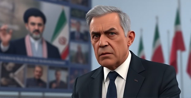 Una presentadora de televisión con expresión de ira y determinación, con un fondo de imágenes de archivo de un líder religioso fallecido y banderas de Irán a media asta. El ambiente es tenso y emotivo, reflejando el contraste entre la ira y el duelo.