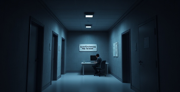 Un sótano oscuro y estrecho con varias oficinas pequeñas. En una de ellas, un hombre con traje trabaja en un escritorio minimalista. Al fondo, un letrero discreto indica 