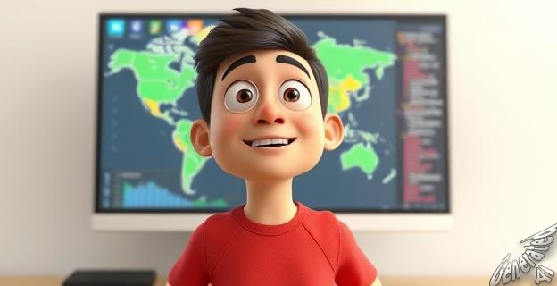 Ilustración de una persona frente a una pantalla de computadora con un mapa y códigos de programación, con una expresión de sorpresa y admiración.
