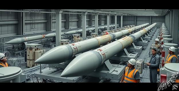 Una fábrica de misiles con máquinas trabajando a toda capacidad, con misiles en diferentes etapas de producción y trabajadores con cascos y chalecos de seguridad supervisando el proceso.