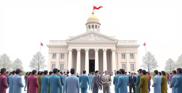 Imagen de un edificio gubernamental con múltiples personas alrededor, representando el aumento de personal en la administración pública.