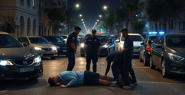 Una escena nocturna en una calle de Manacor con varios vehículos dañados y cristales rotos, policías uniformados atendiendo a compañeros heridos mientras otros agentes esposan a varios hombres en el suelo.