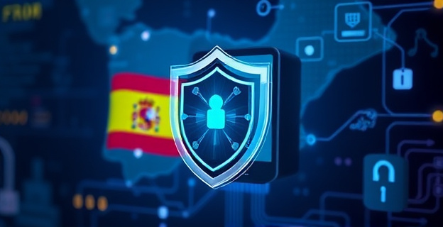 Ilustración de un escudo digital protegiendo un servidor de datos con un fondo de mapa de España y elementos de tecnología y seguridad