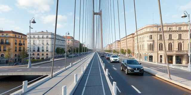 Un puente con tirantes de acero en una ciudad española, con un fondo de edificios y coches en movimiento