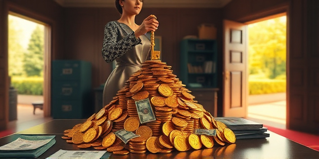 Una ilustración conceptual y satírica. Un escritorio de oficina gubernamental lujoso y caótico donde una figura femenina elegante deja una llave dorada sobre una montaña colosal de monedas y billetes que llega hasta el techo. Al fondo, una puerta abierta que da a un jardín soleado, mientras que en la sombra se ven archivadores con etiquetas borrosas y una alfombra roja que se enrolla sola. Estilo editorial de revista política, colores contrastados, atmósfera de ironía.