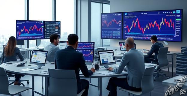 Oficina en Madrid con personas reunidas alrededor de una mesa, con documentos y pantallas de ordenador mostrando gráficos financieros y noticias sobre bancos, en un ambiente de tensión y confidencialidad.