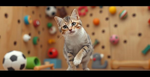Imagen de un gato doméstico en un entorno enriquecido con espacios verticales y juguetes interactivos, mostrando comportamientos naturales como trepar o cazar