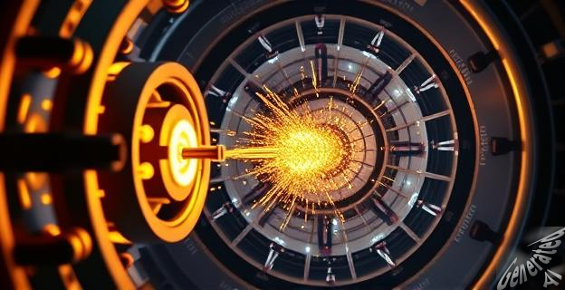 Ilustración del Gran Colisionador de Hadrones con iones de plomo colisionando y formando núcleos de oro efímeros