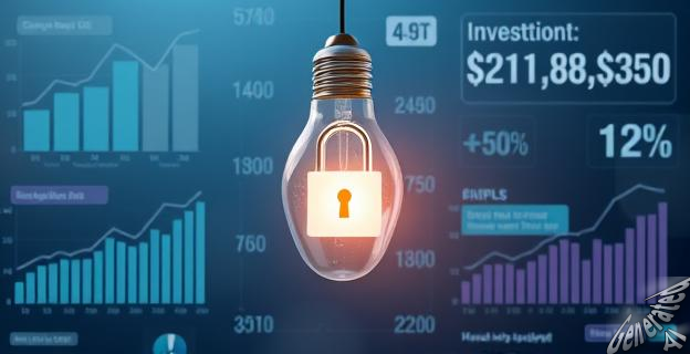 Una imagen de una bombilla eléctrica con un candado en el centro, rodeada de gráficos y números que representan la inversión y la incertidumbre en el sector energético.