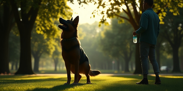 Un perro de raza alemana de pie en un parque con árboles y luz filtrada a través de las hojas. Su silueta se destaca mientras aúlla, y una figura humana se acerca con una botella de agua. La escena transmite tensión y curiosidad sobre la relación entre dueño y mascota, sin mostrar caras específicas ni nombres reales.