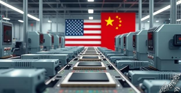 Una imagen de una línea de producción de chips con máquinas de alta tecnología, con banderas de EEUU y China al fondo, reflejando la tensión entre ambos países.