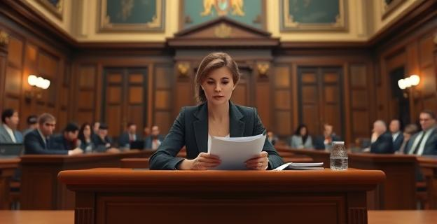 Imagen de una sala del Senado español con una mujer sentada en una mesa, con expresión seria y documentos en la mano, representando una escena de declaración en una comisión de investigación.