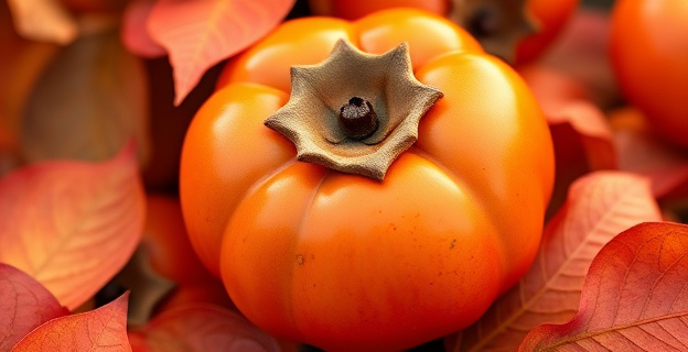 Una imagen vibrante de un caqui maduro con tonos anaranjados y rojizos, rodeado de hojas otoñales, que refleje la esencia de la fruta de temporada.