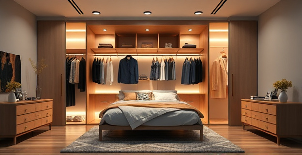 Un dormitorio moderno con un armario abierto sin puertas, iluminado con luces LED, con ropa organizada y materiales de calidad como madera clara y metal. El armario está integrado con el resto del mobiliario y estilo del dormitorio.