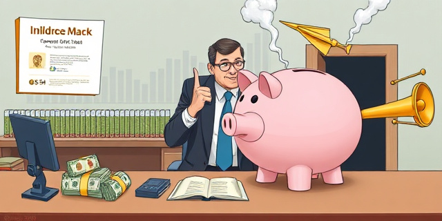 Una ilustración satírica de estilo editorial. Un escritorio de oficina gubernamental donde un funcionario con traje saca billetes de una hucha gigante con el logo de un estado. En un lado, una fila de empresas pequeñas y tristes son rechazadas por un sello rojo. Al otro lado, un avión de papel dorado y una tubería de oro entran por una puerta trasera secreta, mientras el funcionario les guiña el ojo. Fondo con gráficos financieros que se transforman en humo.