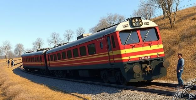 Imagen de un tren descarrilado en una curva con gente alrededor.