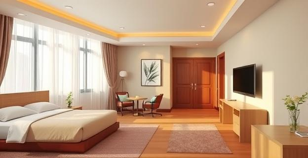 Habitación de hotel con iluminación natural, materiales naturales y entorno silencioso