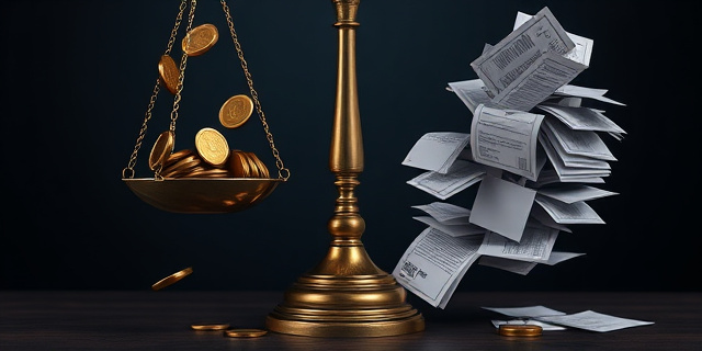 Una balanza de la justicia inclinada hacia un lado, con monedas cayendo de ella hacia un lado, y papeles y etiquetas desordenadas del otro lado. Estilo pictórico, colores oscuros y contrastados, simbolizando la desigualdad y la burocracia.