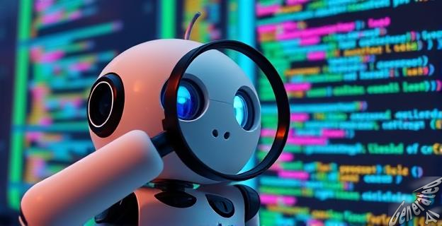 Imagen de un robot de Apple con una lupa examinando un código de computadora