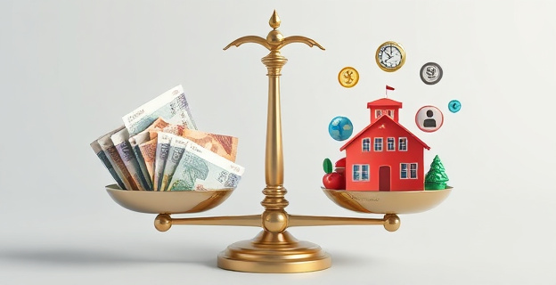 Una representación visual de una balanza con un lado lleno de billetes y el otro con iconos de servicios públicos como hospitales y escuelas.