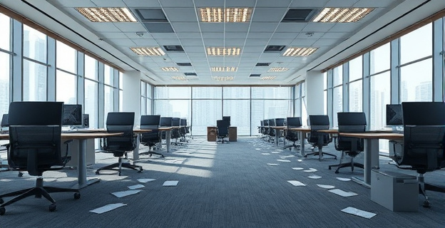 Una imagen que represente una oficina vacía con papeles y sillas abandonadas, simbolizando la reducción de personal en una gran empresa.