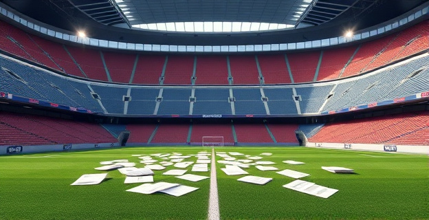 Imagen de un estadio de fútbol vacío con documentos y carpetas esparcidas por el suelo, representando la solicitud de información económica del Real Madrid sobre el FC Barcelona.