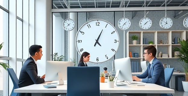 Una imagen que represente un grupo de funcionarios trabajando en una oficina moderna con relojes que marcan las 35 horas semanales, con un ambiente de trabajo flexible y colaborativo.