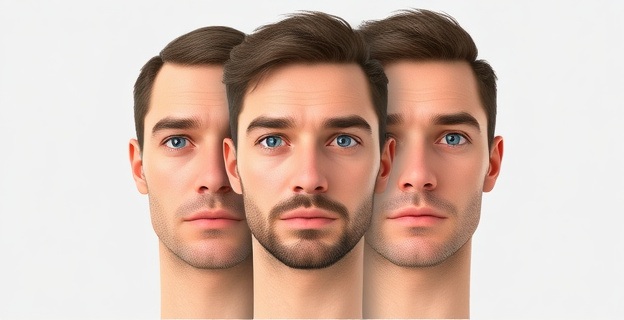 Rostro masculino neutro sobre fondo liso mostrando variaciones en adiposidad y rasgos faciales asociados a edad y testosterona
