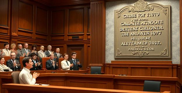 Una sala de asamblea legislativa con una bancada de políticos populares aplaudiendo y una presidenta en el estrado con expresión seria y decidida, mientras al fondo se ve una placa conmemorativa en la pared con una inscripción irónica