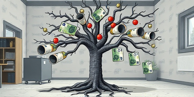 Una ilustración satírica de un árbol genealógico donde las ramas son tuberías de alcantarillado y los frutos son billetes de euro y sellos oficiales. El fondo es una oficina municipal gris y polvorienta, con un estilo de caricatura editorial de periódico, colores contrastados y un aire de ironía burocrática.